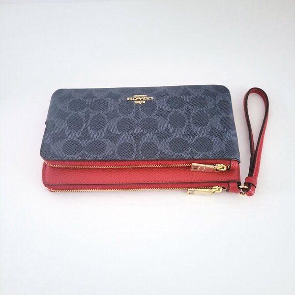 Coach CX161 Double Zip Wallet Signature Canvas Wristlet Denim Bold Red Clutch - Picture 6 of 8